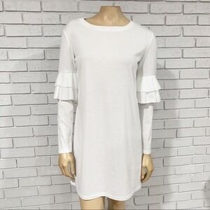 Stellah Womens White Long Sleeve Tiered Ruffle Mini Shift Dress | Size Small
